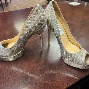 Jimmy Choo Gold Sparkle Peep Toe Heels